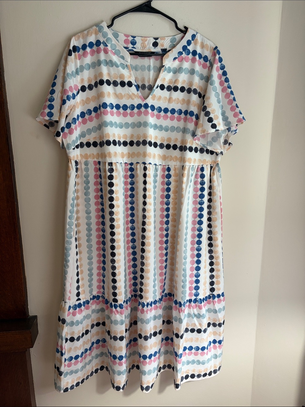 BloomChic Cream Midi Dress with Pink, Blue, Navy & Gray Dots
